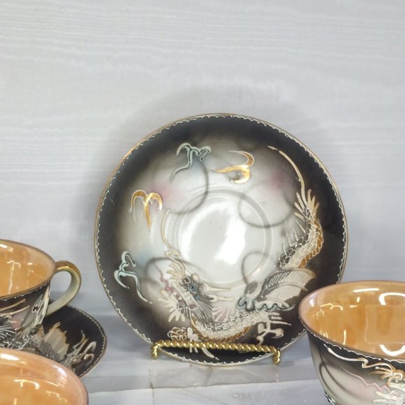 Vintage Occupied Japan Dragonware Tea Cups Saucer Set (4) Moriage Orange Luster - Picture 2 of 12